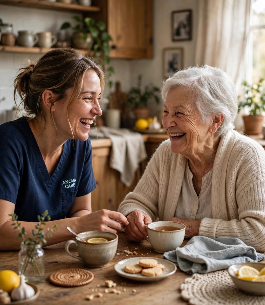 Two women enjoying tea together in a cozy kitchen, sharing warm companionship