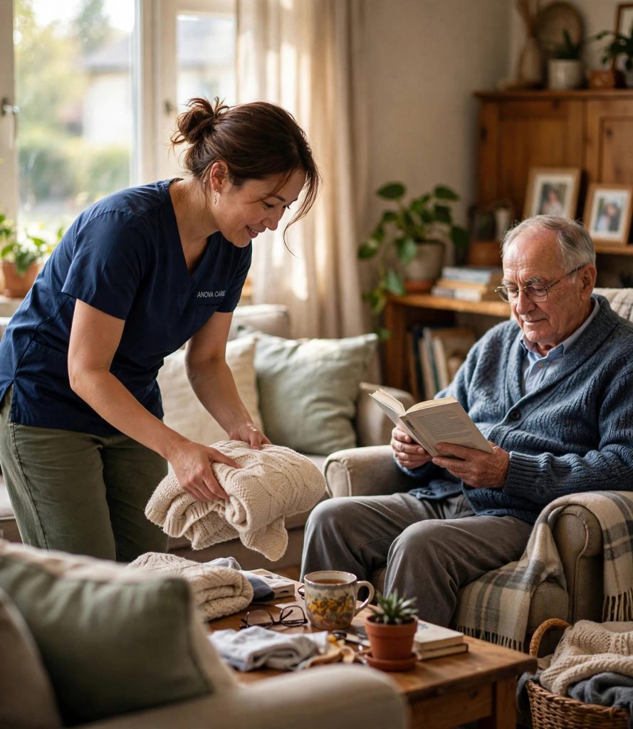 Caregiver helping an elderly man with his meal at home