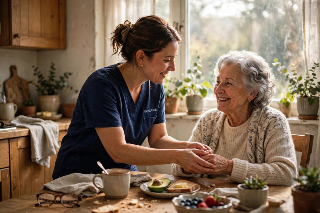 Caregiver sharing a warm moment with a senior woman in a cozy home kitchen