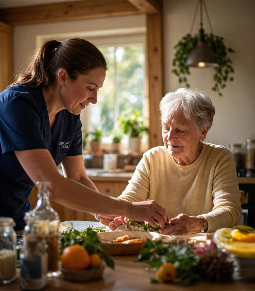 Caregiver cooking alongside a senior woman in a sunlit kitchen