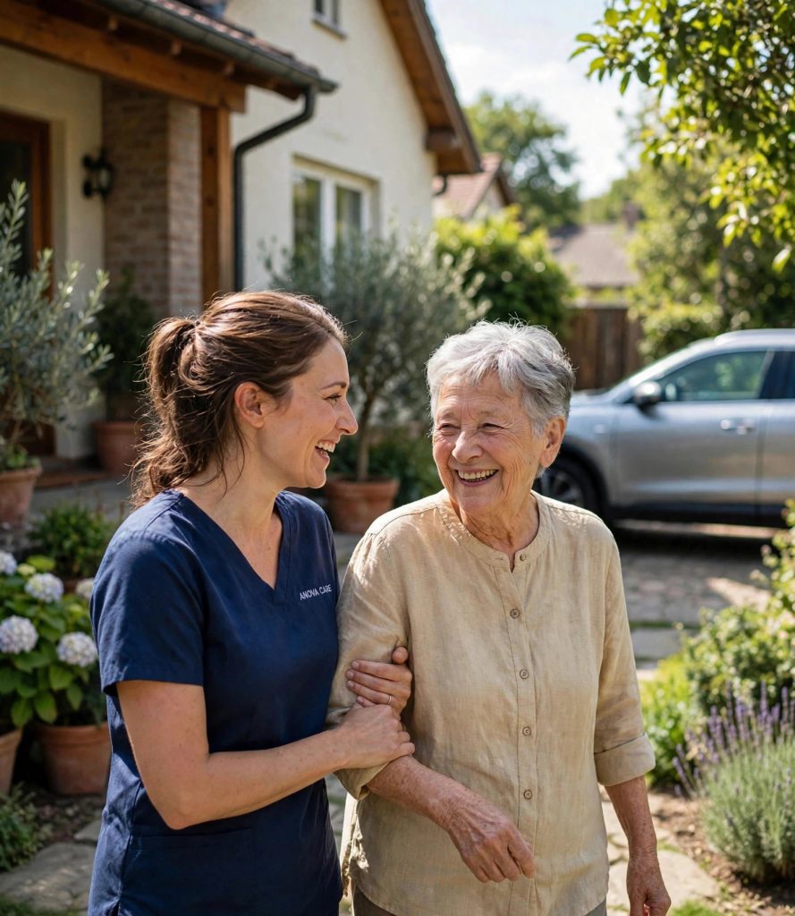 Caregiver walking with a smiling senior woman toward a car outside a welcoming home