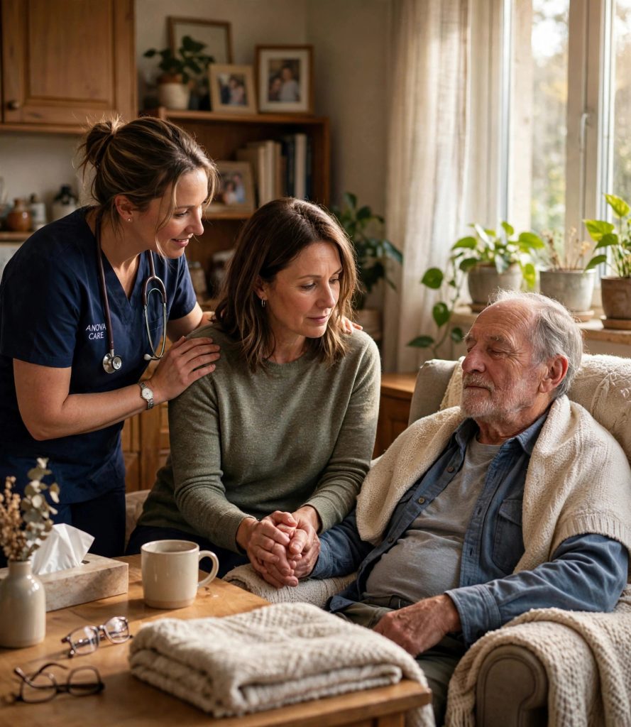 Nurse comforting a daughter caring for her elderly father at home