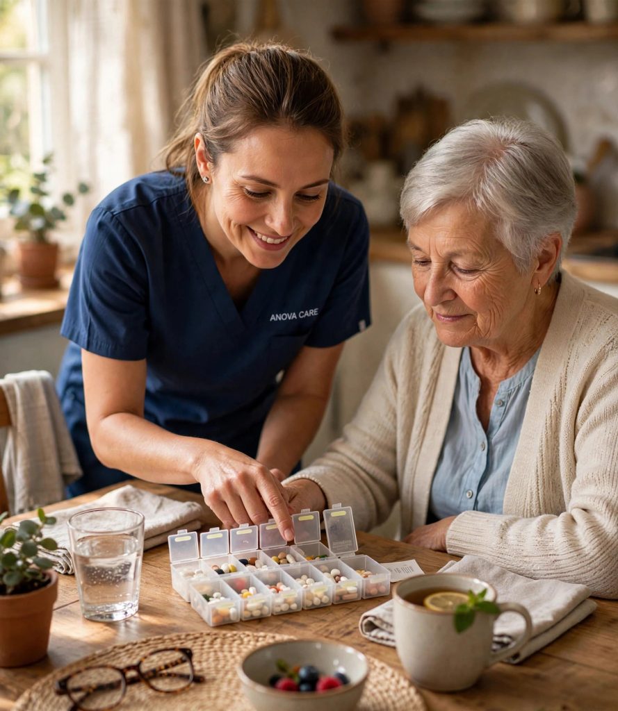 Nurse reviewing a weekly pill organizer with a senior woman at a sunny kitchen table