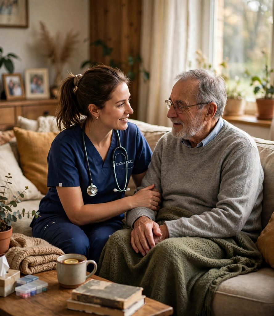 Healthcare professional smiling while talking with a senior man in a cozy living room