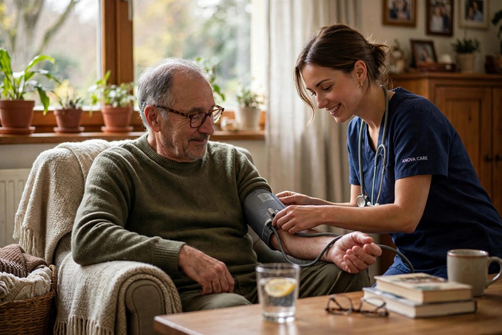 Nurse checking a senior man's blood pressure during a home visit