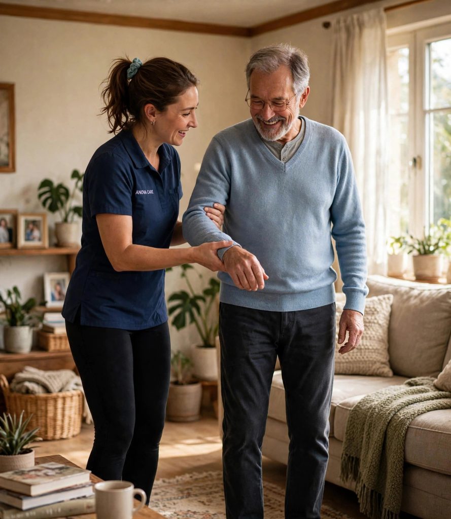 Caregiver guiding a senior man through gentle exercises at home