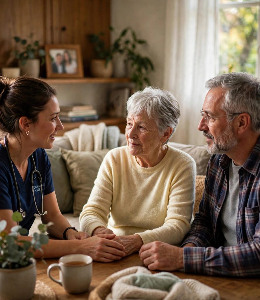 Hospice nurse sitting with family members talking softly in a warm living room
