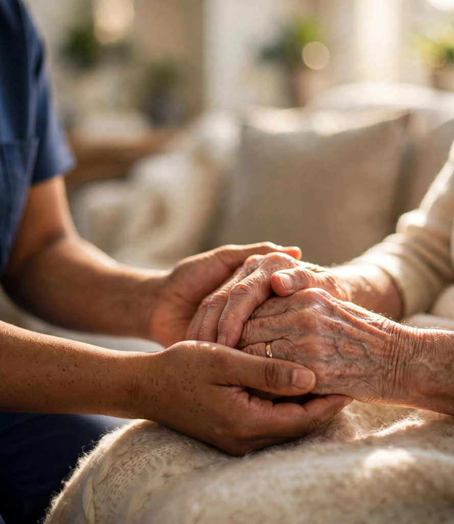 Nurse gently holding an elderly woman's hands in warm light