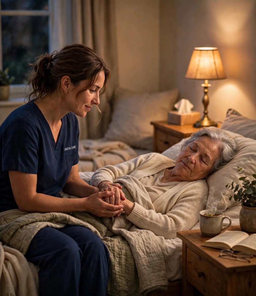 Spiritual care counselor gently holding an elderly person's hand at a peaceful bedside
