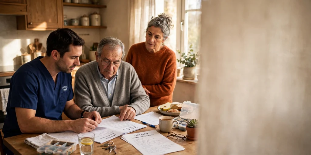Anova Care caregiver reviewing a care plan with a family