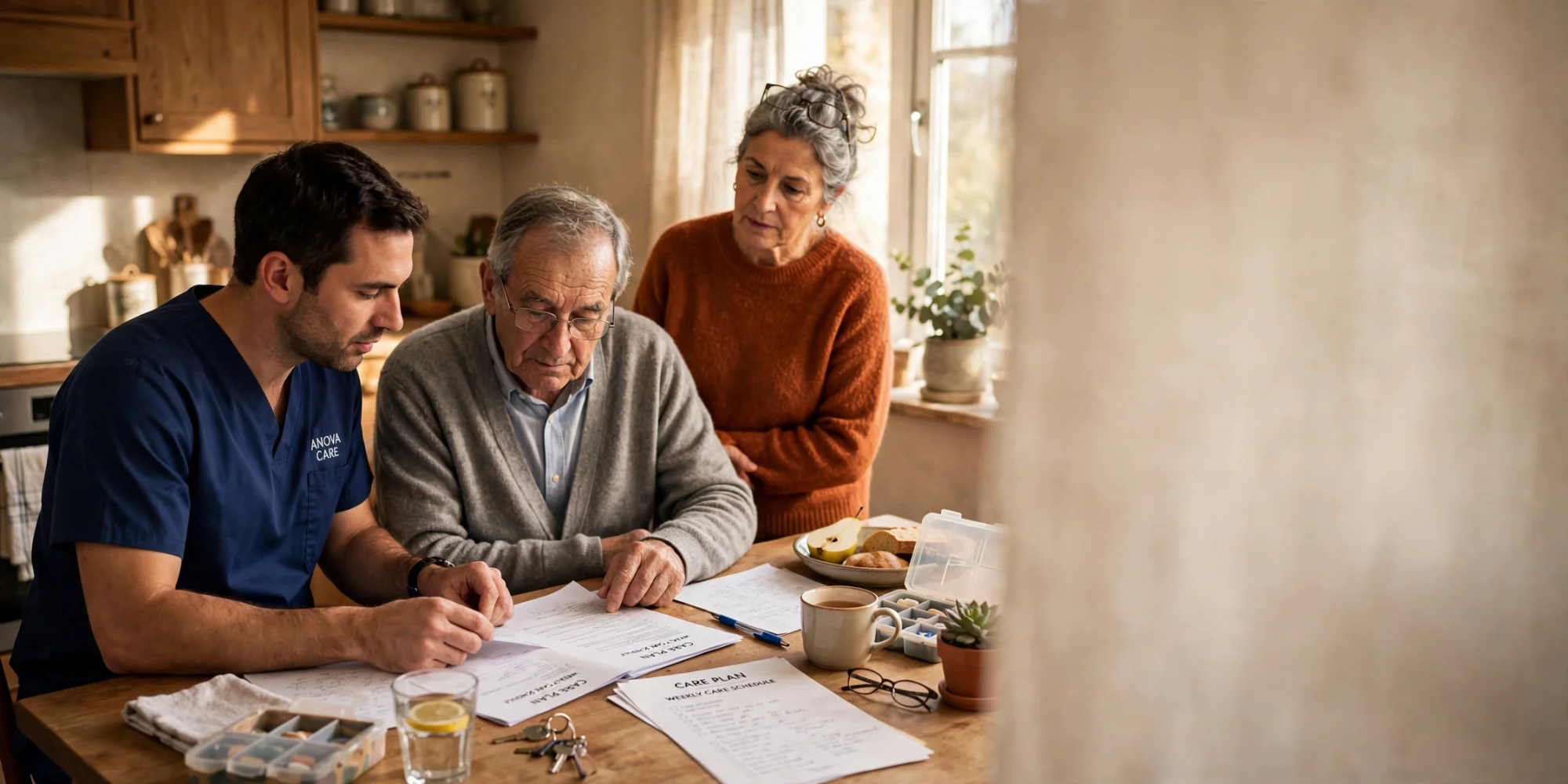 Anova Care caregiver reviewing a care plan with a family