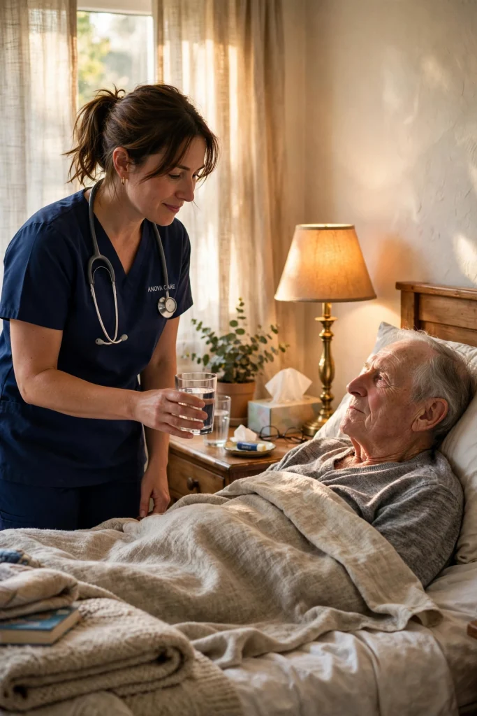 Hospice nurse in navy scrubs offering water to an elderly patient resting in bed at home