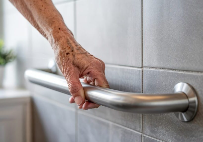 Shower safety solutions elderly concept. A hand gripping a bathroom grab bar for support and safety.