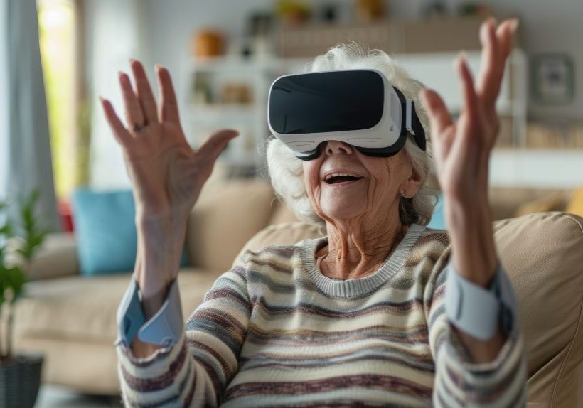 Active Senior Woman Enjoying Virtual Reality Experience in Stylish Living Room..